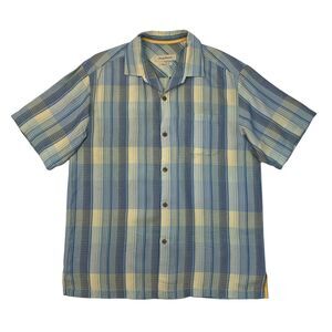 Tommy Bahama Shirt Mens L Large Blue Silk Striped Original Fit Pocket Hawaiian